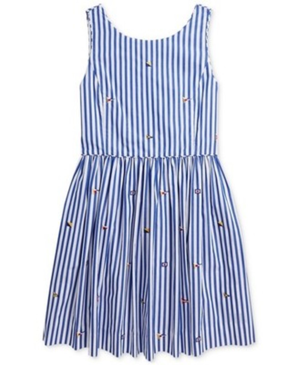 Polo Ralph Lauren Sailing Flag Stripe Poplin Dress Girl 8 Blue/White Back Button